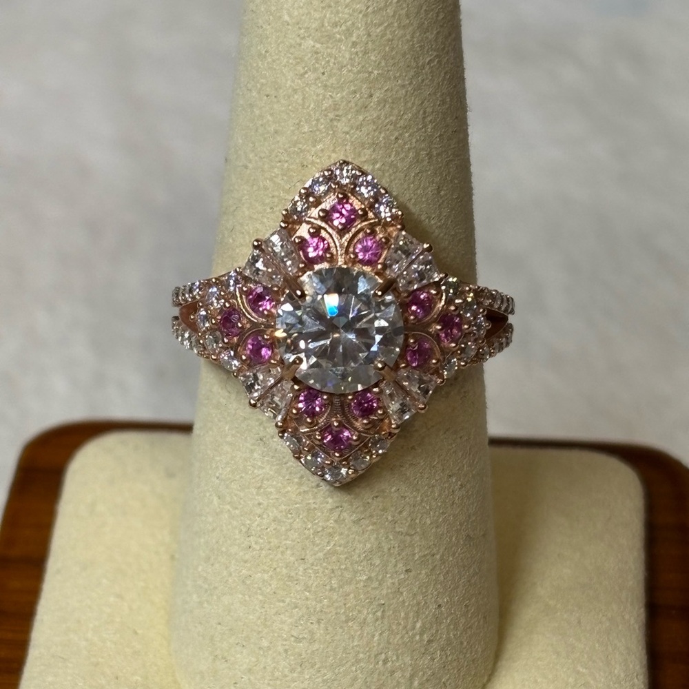8mm Moissanite Diamond Madagascar Pink Sapphire Ring 18k Gold Sterling Silver